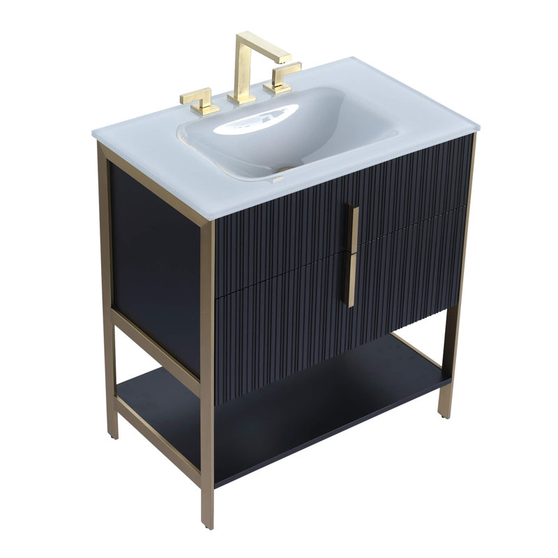 Meuble-lavabo simple avec plateau en verre Millisa, Noir mat, Laiton satiné, 30"