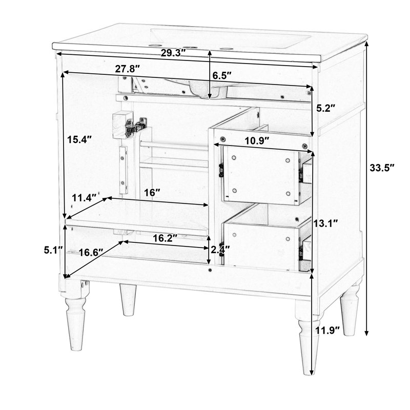 Meuble-lavabo 30 po avec lavabo, blanc, Blanc, Doré