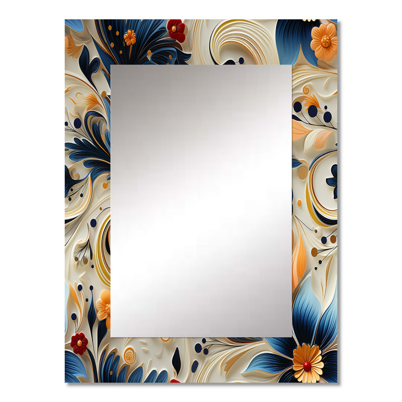 «Berkin Romantic Blue and Cream Paisleys», grand miroir mural floral, miroir décoratif floral, impression d'art en métal