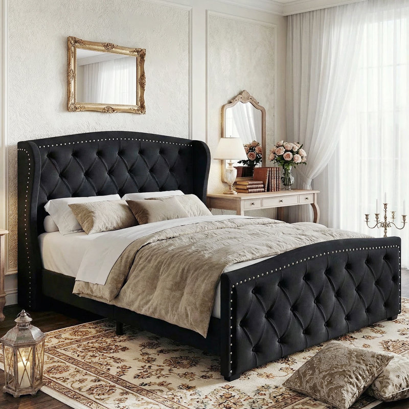 Mid-Century Modern King Bed Frame, 92.1"L Velvet Upholstered Platform Bed with Tufted Wingback Headboard, Black