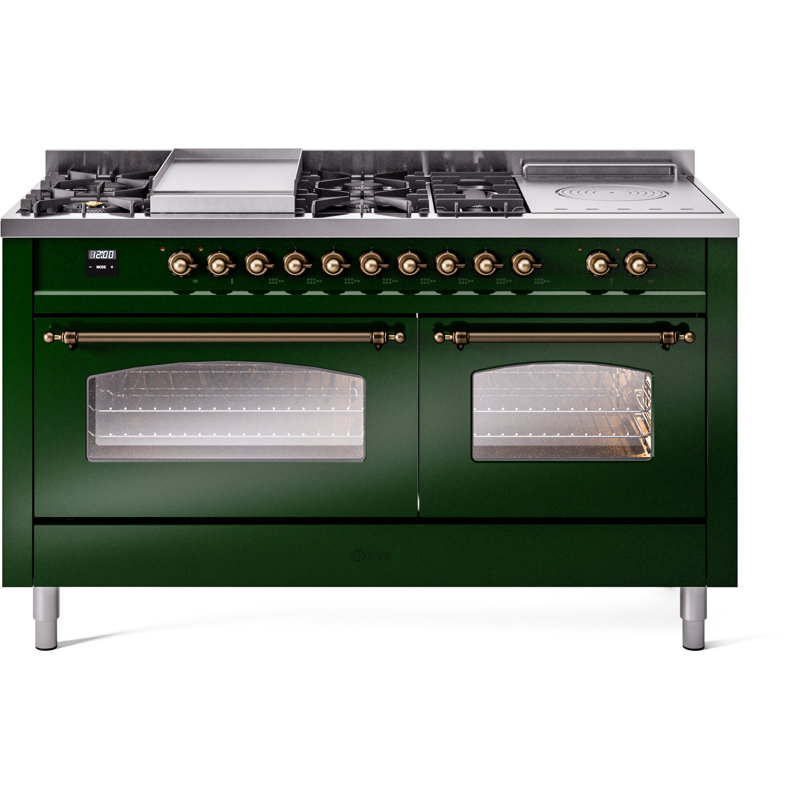ILVE Nostalgie II 60 Dual Fuel Range, 5 Burners, Griddle, Frenchtop , Stainless Steel/Brass, Liquid Propane