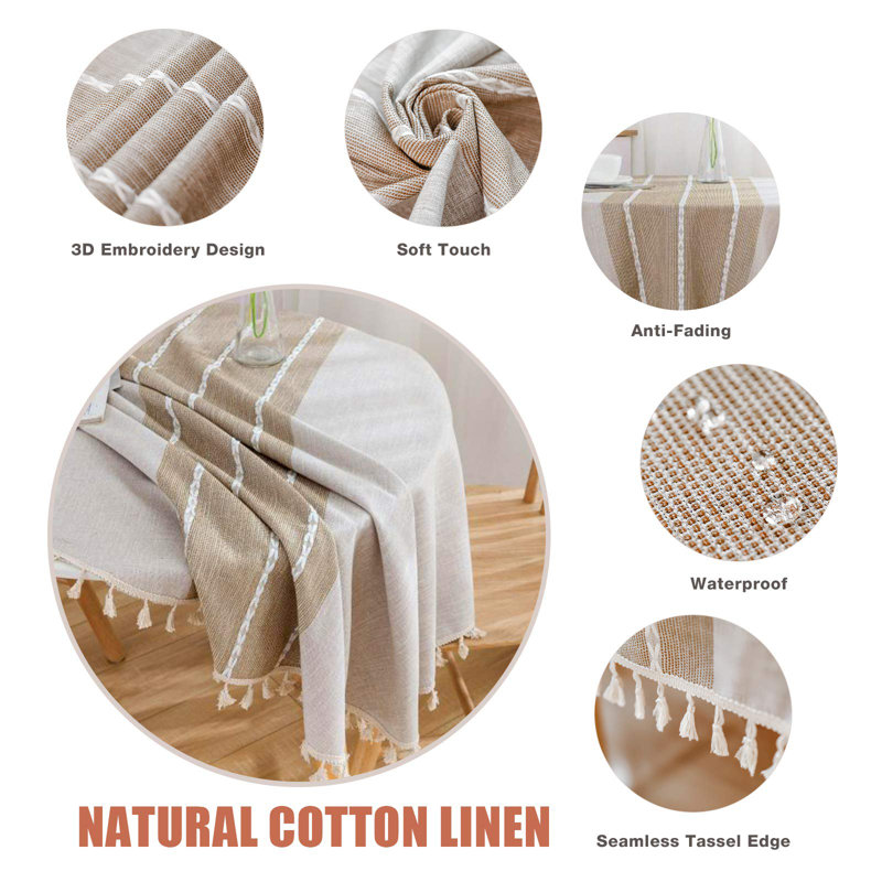 Beige and Off-White Round Cotton Linen Tablecloth with Tassels