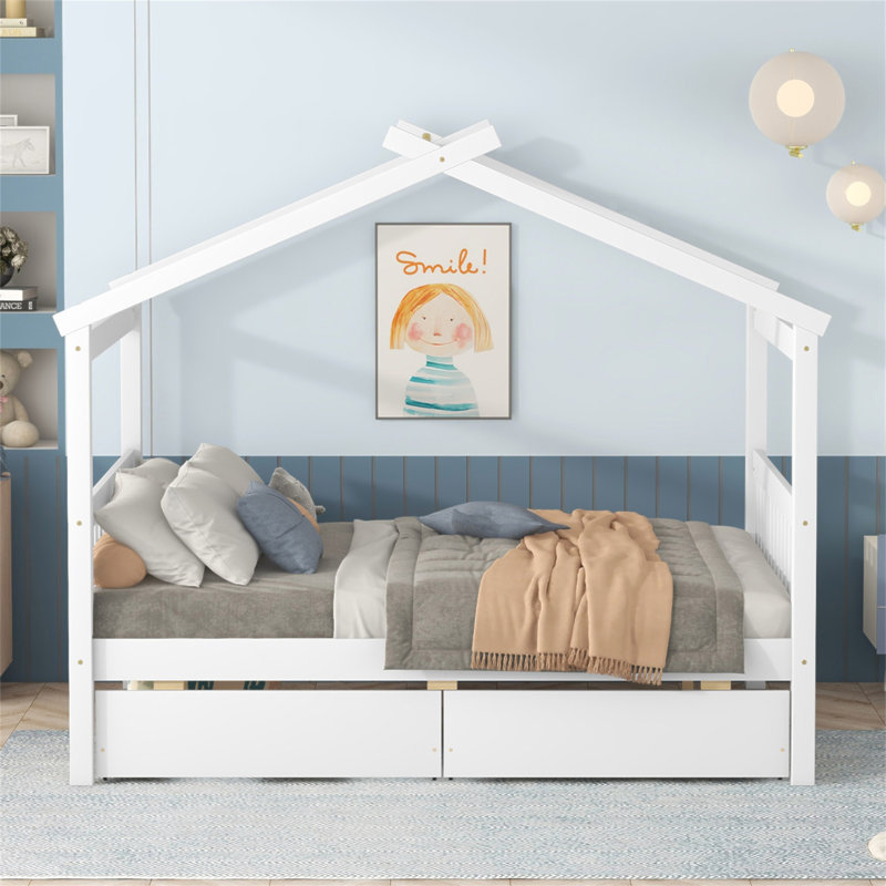 Lit double en bois avec tiroirs, Blanc