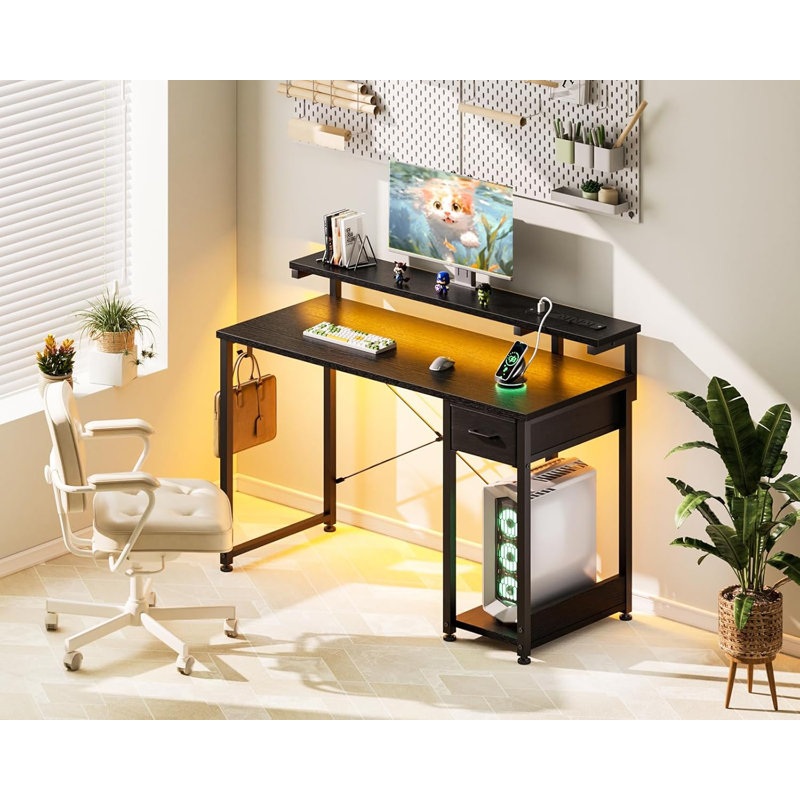 Gaming Desk with LED Lights & Power Outlet, 48 Inch Computer Desk with Drawer, Reversible Desk with Adjustable Monitor Shelf & Headphone Hook for Home Office, Black