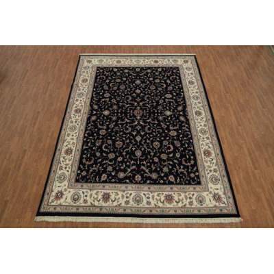 Élégant tapis de style traditionnel bleu marine et ivoire à motifs floraux 10 x 14