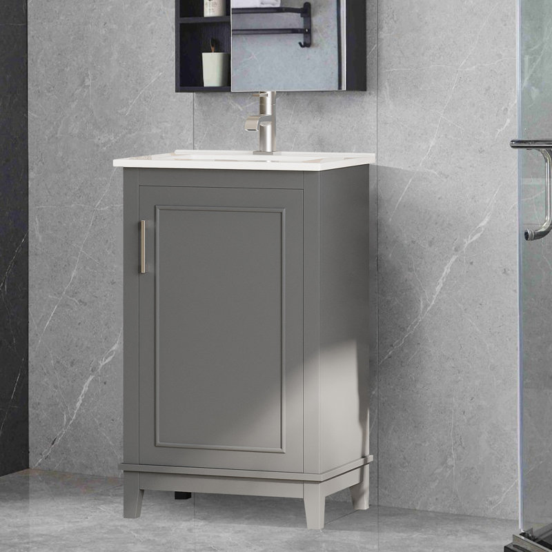 Petit meuble-lavabo moderne avec lavabo en céramique et beaucoup de rangement, Gris