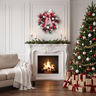 24" Pre-Lit Christmas Wreath with 20 LED Lights, Ribbon and Decorative Balls, PVC Artificial Pine Wreath for Front Door