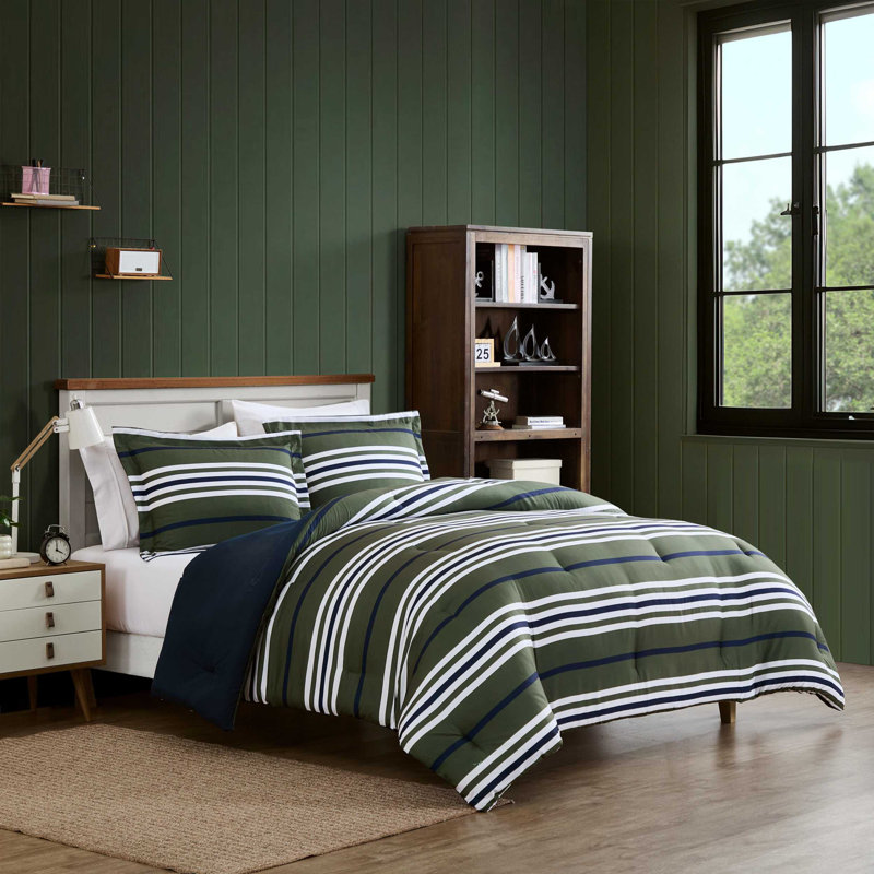 Ensemble d'édredon réversible bleu Nautica, Édredon pour lit simple TG + 1 taie décorative, Vert rayé