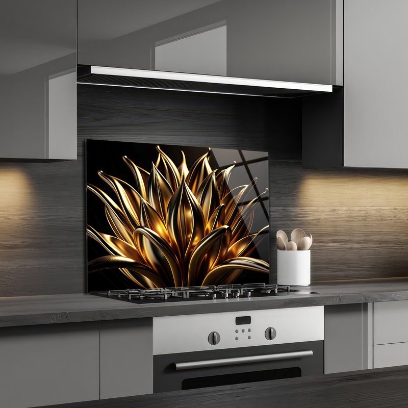 Golden Bloom Tempered Glass Backsplash - Kitchen Wall Decor, 20" H x 30" W x 0.5" D