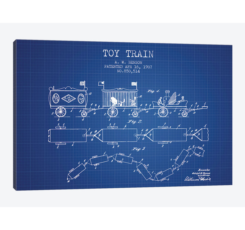 « a.w. benson toy train train sketch », reproduction d’impression sur toile en bleu, H 12 po x l 18 po x P 1,5 po