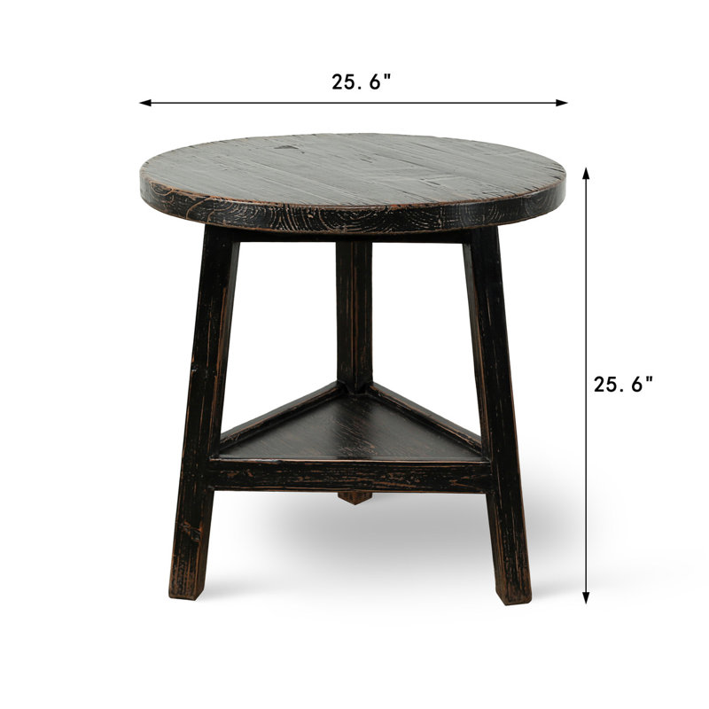 25 Inches Round Side Table with Shelf Weathered Natural with Distressed Gray, Black
