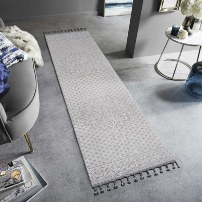 Tapis médaillon 2 x 8 en blanc / teinté, ne perd pas ses poils, durable, pour la chambre de bébé, tapis d'intérieur / extérieur pour bureau à domicile avec envers en coton, polyvalent