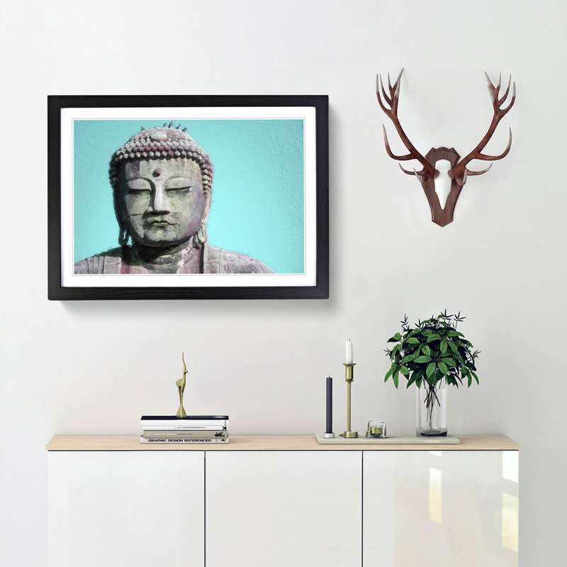 The Great Buddha of Kamakura in Japan - Picture Frame Painting Print, 27cm H x 36cm W x 2cm D, Black Framed
