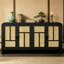 Buffet 59 po Boho noir en panneau de fibres à densité moyenne, 4 portes en rotin naturel avec 3 tablettes intérieures réglables, console de rangement de style campagnard pour le salon, la cuisine et l'entrée