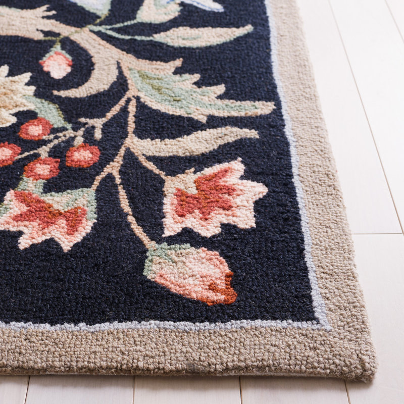 Hollander Floral Handmade Hooked Wool Black/Beige Area Rug, Square 3'