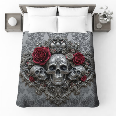 Couvre-lit matelassé orné de crânes avec roses toutes tailles