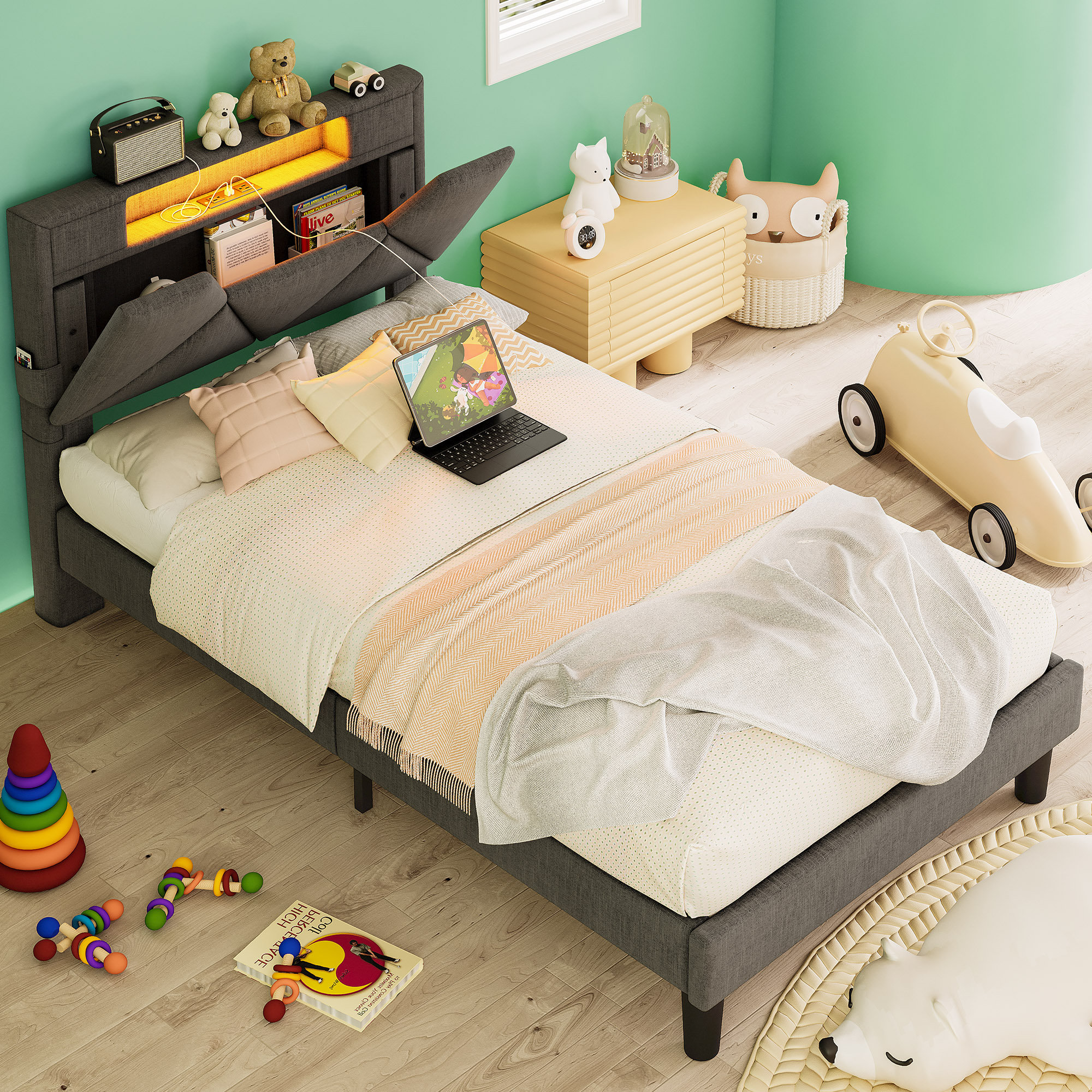 Orren Ellis Couvertt Upholstered Bed with Charging Station and Storage
