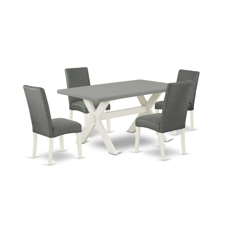 L'ensemble de table de cuisine 5 pièces pour 4 personnes comprend une table de salle à manger rectangulaire avec pieds en X et 4 chaises de salle à manger Parson en tissu gris, lin blanc 