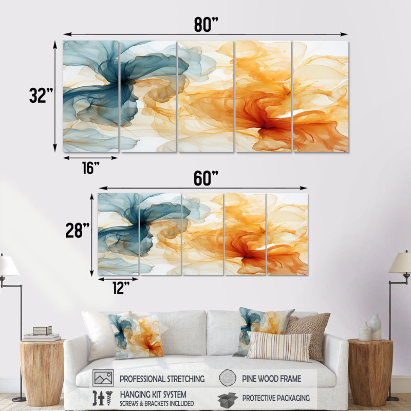 "Orange and Blue Echoes Ink Collages - Abstract Collages", art mural sur toile, H 32 po x l 80 po