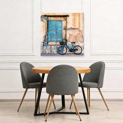 «Blue Shutters Bicycle Rustic Vintage Urban Urban», reproduction d'art mural