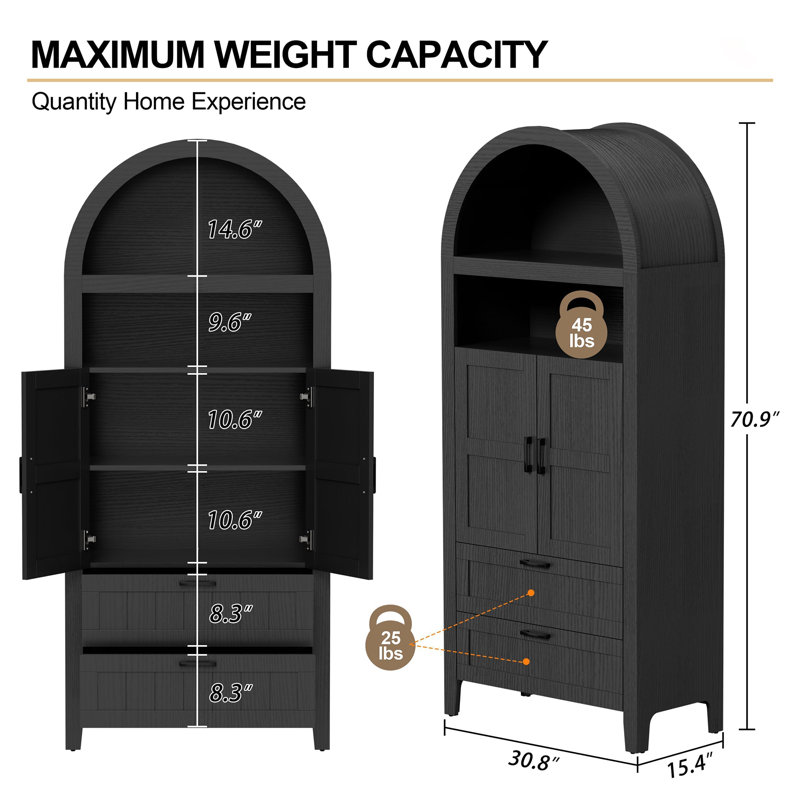 71" Tall Arched Kitchen Pantry Cabinet, Black