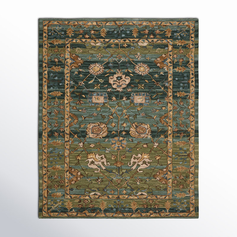 Corla Floral Handmade Tufted Wool Green/Tan/Blue Area Rug, Rectangle 8' x 10'
