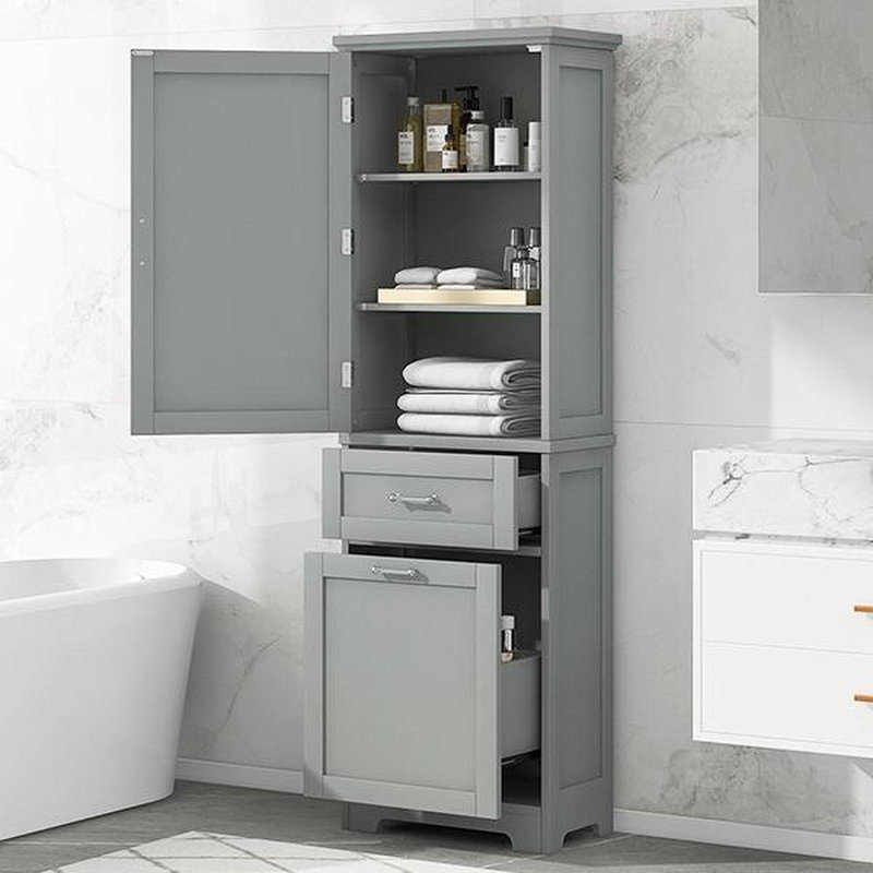 Tall Bathroom Storage Cabinet, Freestanding Storage Cabinet With Two Different Size Drawers And Adjustable Shelf, MDF Board With Painted Finish, Grey 
