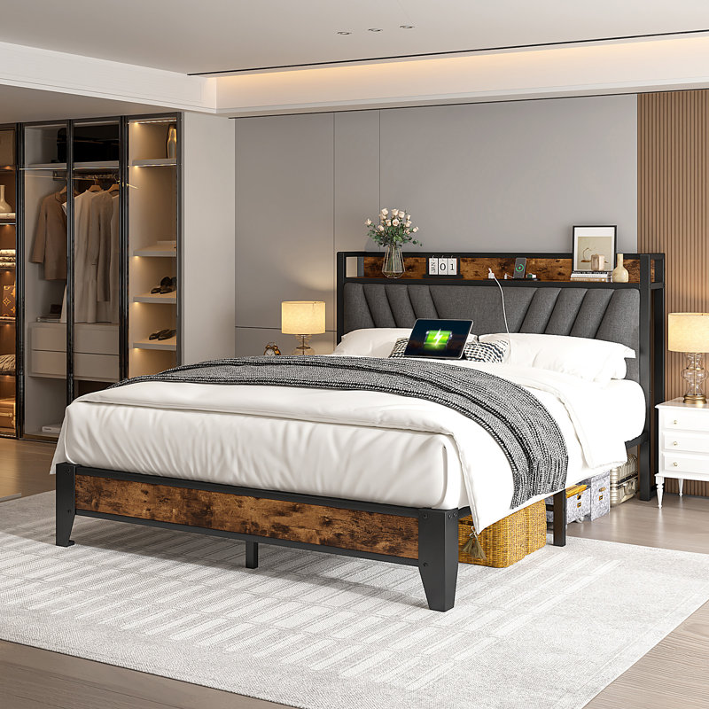 Bed Frame With Power Outlets, Storage Bed Frame With Upholstered Headboard, Queen