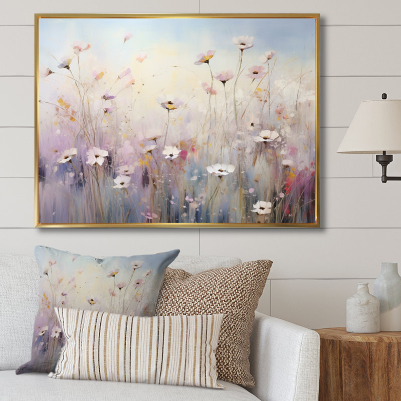 «White Wildflowers Whispering Breeze II», reproduction d'art sur toile, 12" H x 20" W, Silver Picture Framed