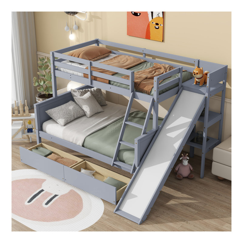 Lit superposé simple au-dessus de double avec 2 tiroirs, glissière, tablettes, échelle, lit superposé en bois d'hévéa avec glissière, tiroirs, gris