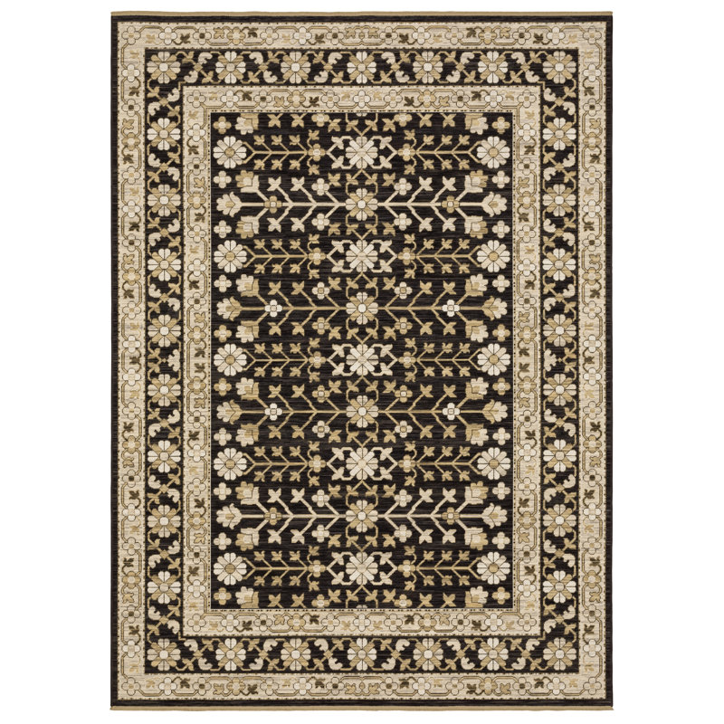 Abena Traditonal Bordered Floral Black/ Beige Wool Blend Area Rug, Rectangle 6'7" x 9'6"