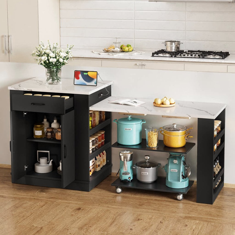 80" Extendable Kitchen Island with 2 Drawers, Double-Door Cabinet, 9 Open Shelves, Breakfast Bar & Dining Table Function