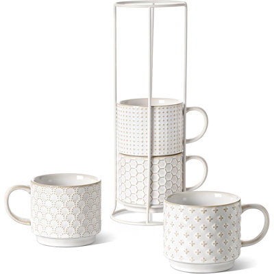 Stackable coffee cup set with holder, ceramic embossed coffee cup -12 ounces, set for four, Arctic white