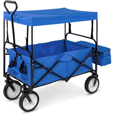Chariot utilitaire pliant pliable avec chariot de jardin avec auvent amovible - Bleu
