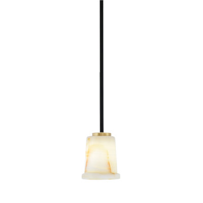Suspension Anna Stem Mini présentée en finition noir mat et laiton New Age avec abat-jour en pierre naturelle de 12,7 cm