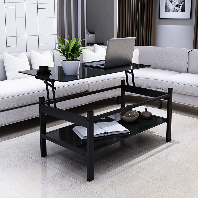 Table basse moderne en verre noir avec plateau relevable pratique sur une surface élégante pour le salon
