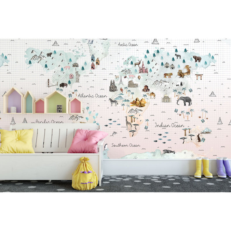 Papier peint doux avec mappemonde, Petits animaux et repères célèbres, L 48,96 po x l 75 po, Rose