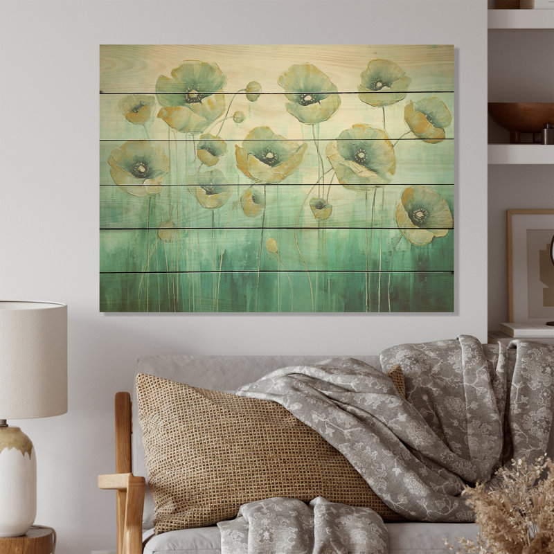 Jade Joy Whispers Of Poppies I - Poppies Wood Art On Natural Pine Wood, 24" H x 32" W