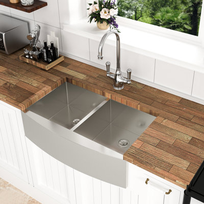 36" X 20" 9" Double Bowl 50/50 Apron Front Kitchen Sink 16 Gauge T304 Stainless Steel, X - Shaped Water Guide For Efficient Drainage, Coating Condensation Control, Includes Dish Grid And Drying Rack