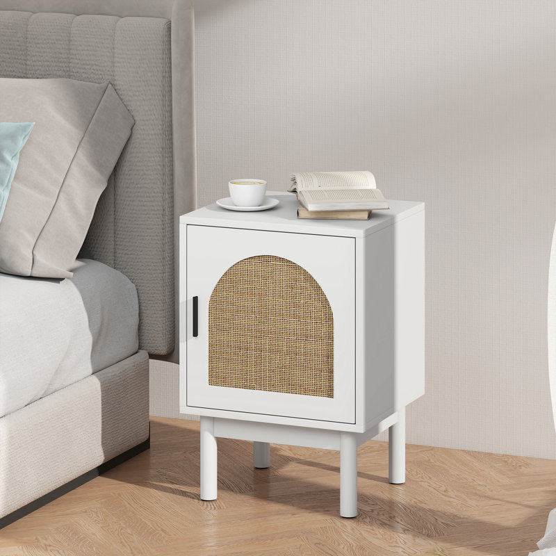 HOMCOM Rattan Bedside Table Adjustable Shelf, Solid Wood Legs, Light Green, White