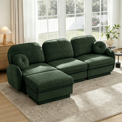 105" Green Chenille L-Shaped Sectional Sofa, Movable Ottoman & Deep Seat, Easy Assembly