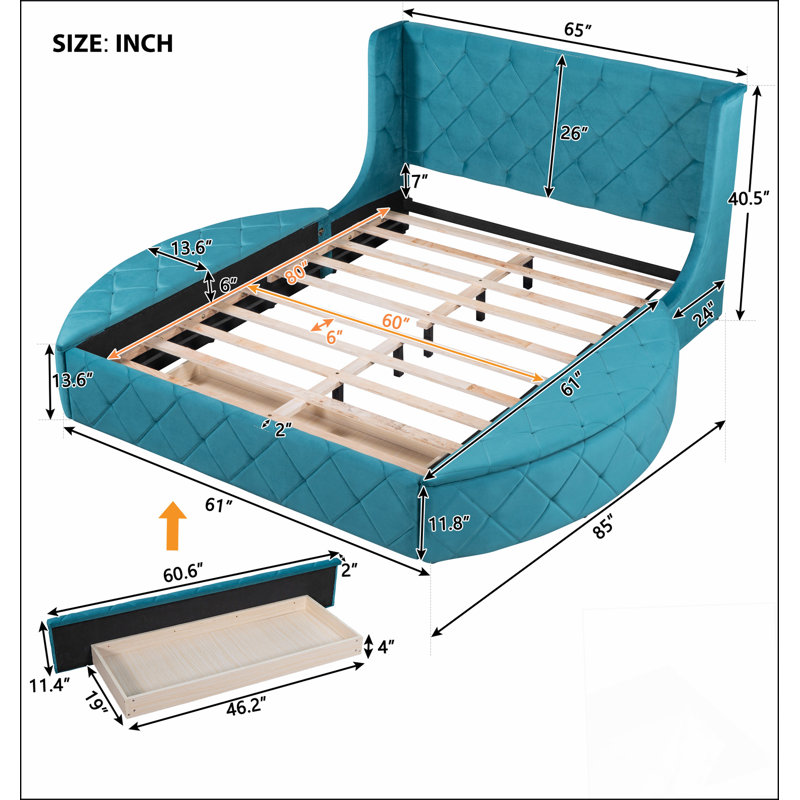 Lit plateforme tapissier en velours avec tête de lit à oreilles et 1 grand tiroir, 2 tabourets de rangement latéraux, Bleu