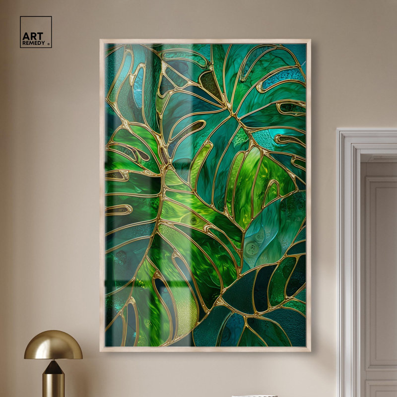 Décoration murale en verre avec feuille en verre II par Art Remedy, cadre blond, 36 x 54, H 55 po x l 37 po, Cadre blond