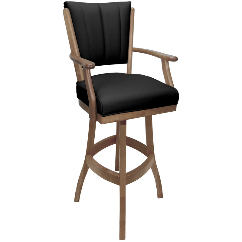 Tabouret pivotant en bois Bellamy, Crème, Cuir véritable noir, Tabouret de comptoir (siège d'une hauteur de 34 p