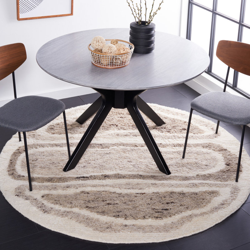 Serana Abstract Hand-Knotted Wool Area Rug in Ivory/Brown, Round 6'