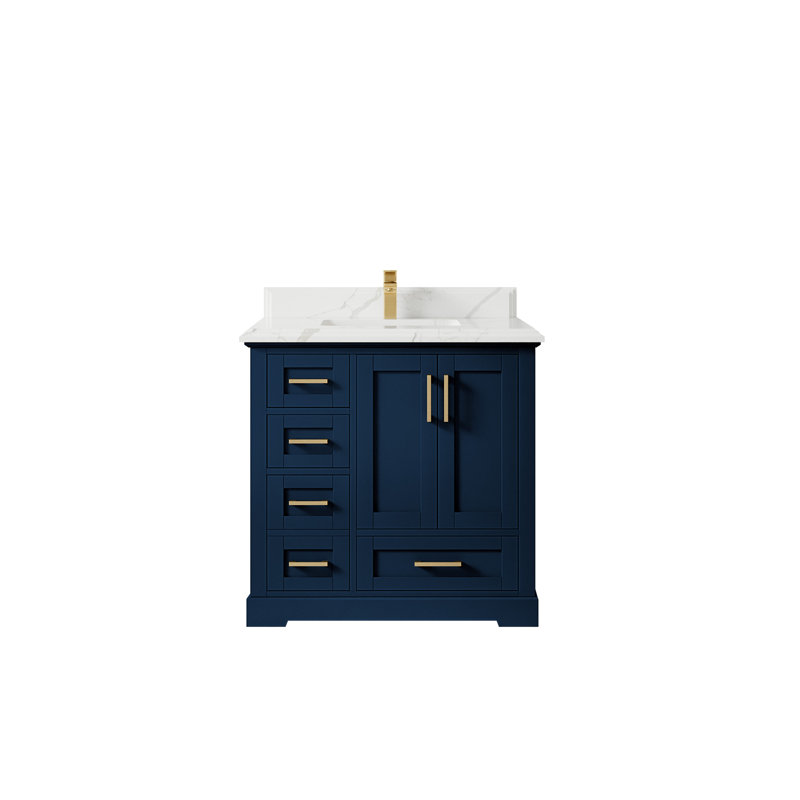 Boston 36 In. W X 22 In. D Centre Sink Bathroom Vanity In Navy Blue With Cove Edge Quartz, Calacatta Laza