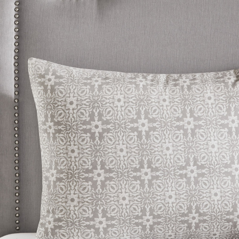 Malia Ivory Embroidered 100% Cotton Reversible 4-Piece King/Cal King Duvet Cover Set, Ivory/Gray
