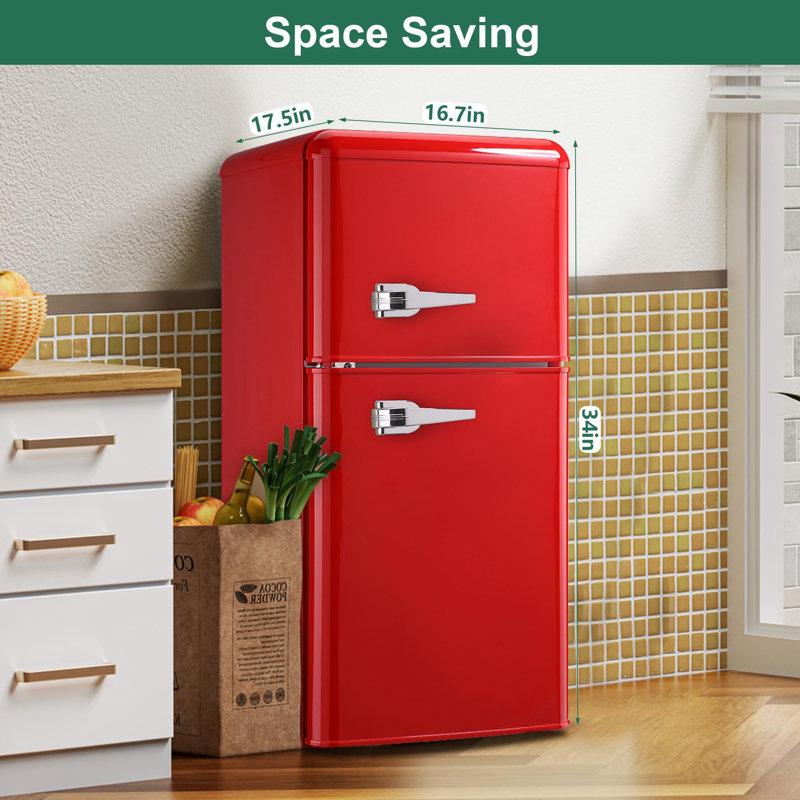 Mini Retro Fridge 3.2 Cu.Ft. Apartment Size Refrigerator with FreezerRetro Fridge Style with 7-Level Adjustable Thermostat Compact Vintage 2 Door Fridges for KitchenDorm Apartment Red