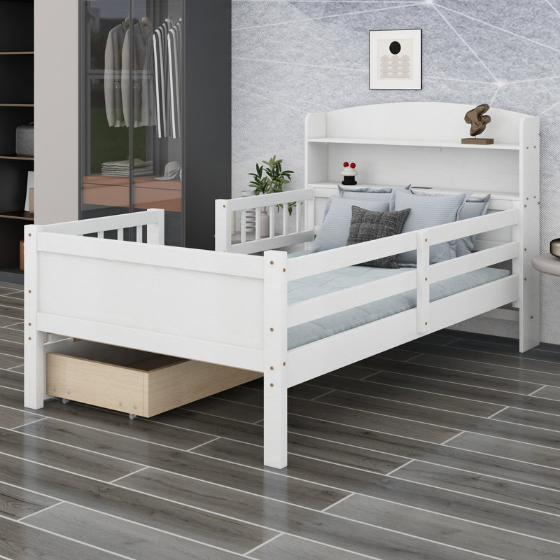 Lit plateforme avec éclairage DEL intégré, tête de lit avec rangement et barrières de sécurité pour chambres, Blanc