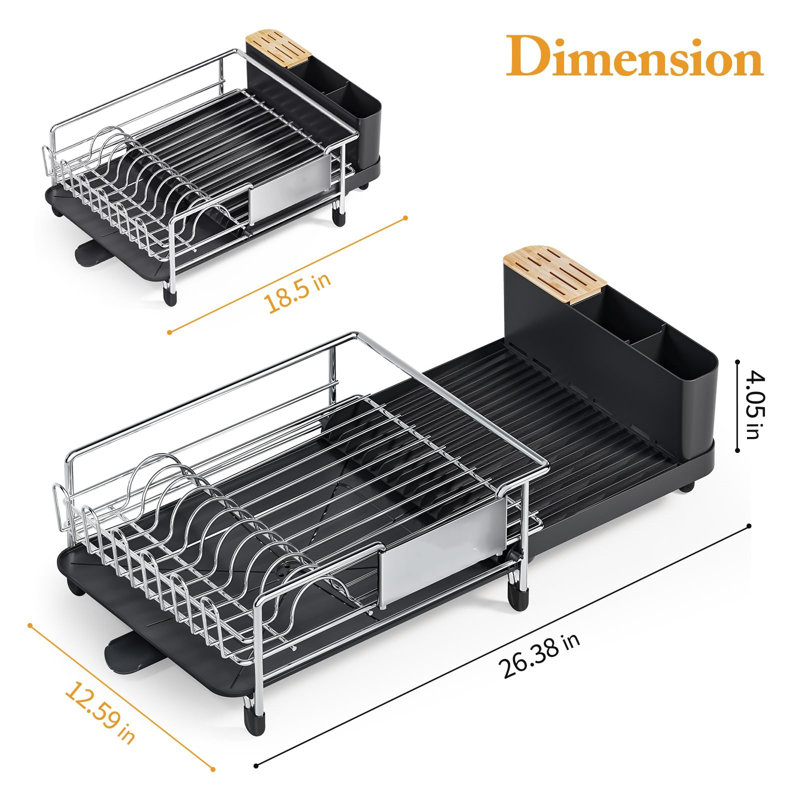Expandable Stainless Steel Dish Rack with Utensil Cup and Drainboard